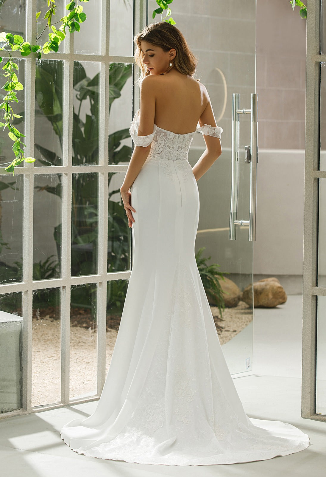 Lace Bodice Off-Shoulder Crepe