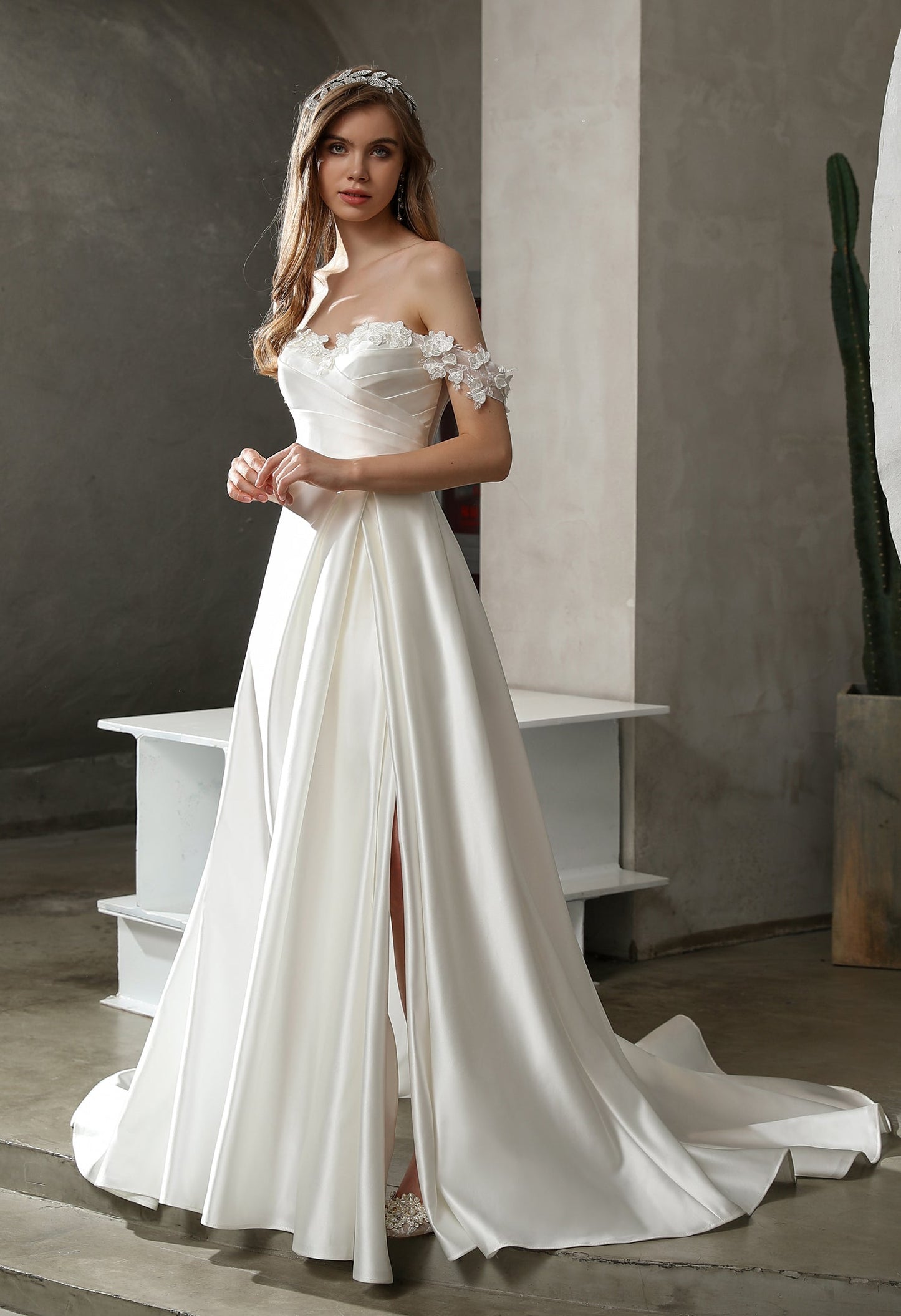 Satin A-Line Floral Off-Shoulder Wedding Dress