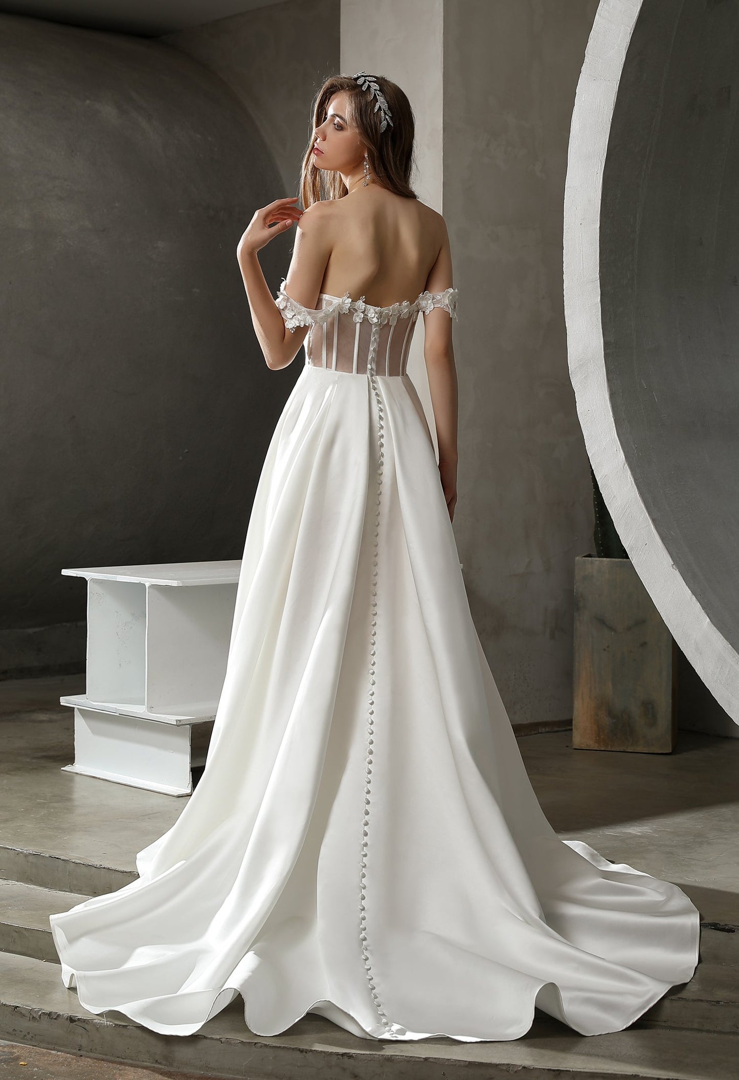 Satin A-Line Floral Off-Shoulder Wedding Dress