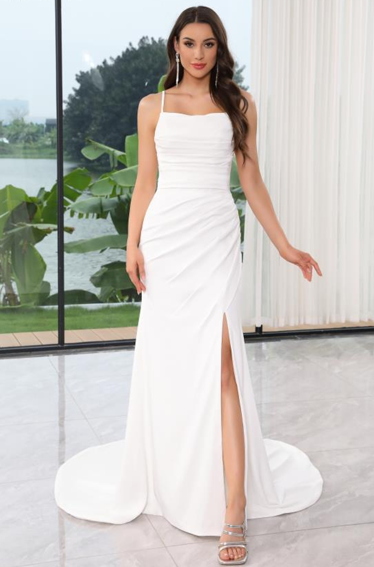 Spaghetti Strapped Crepe with Ruched Bodice