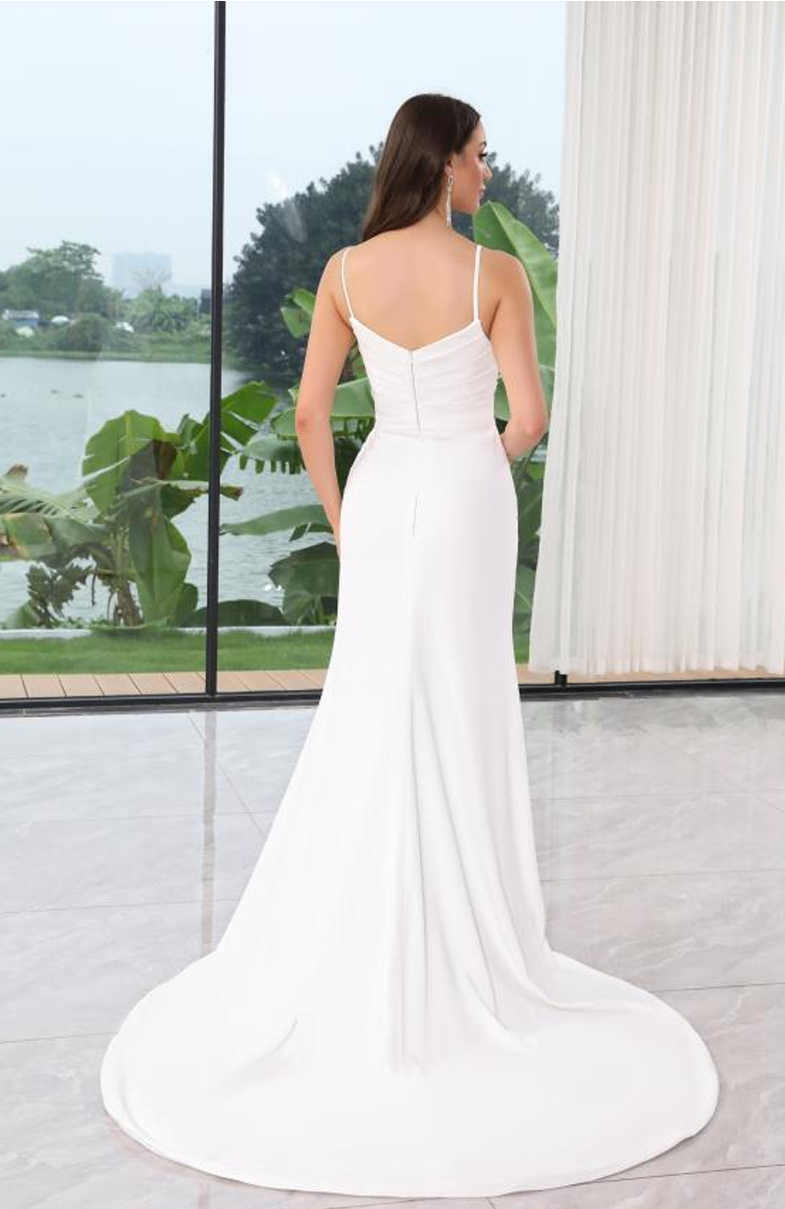 Spaghetti Strapped Crepe with Ruched Bodice