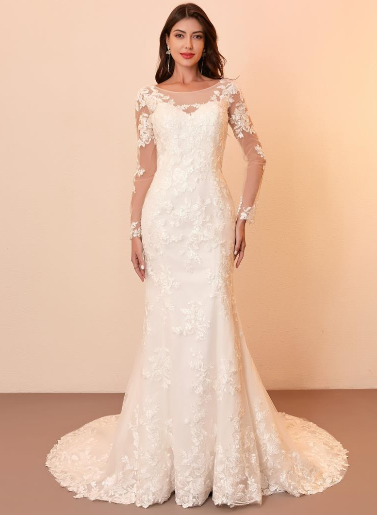 Lace Mermaid with Sleeves and Illusion Back