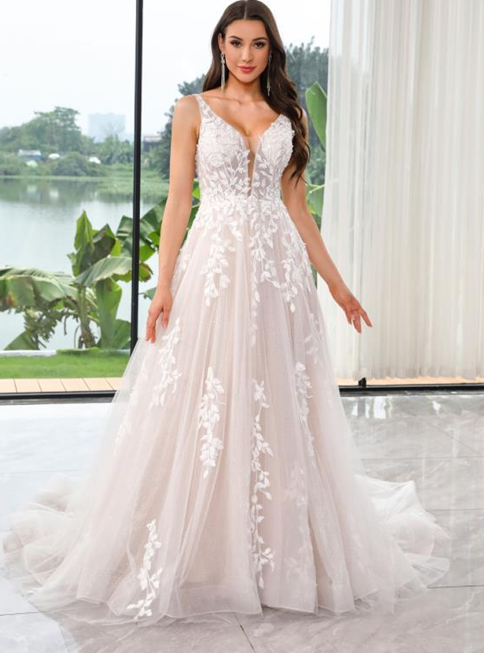 Leaf Design Beaded Lace A-Line