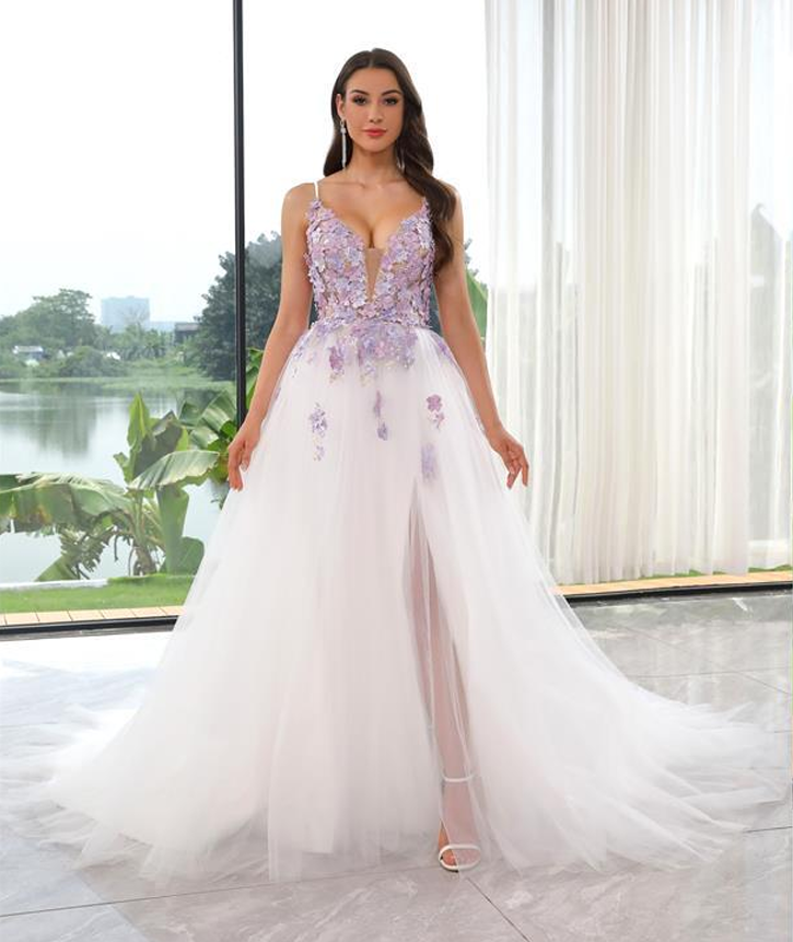 Purple 3D flower lace A-Line