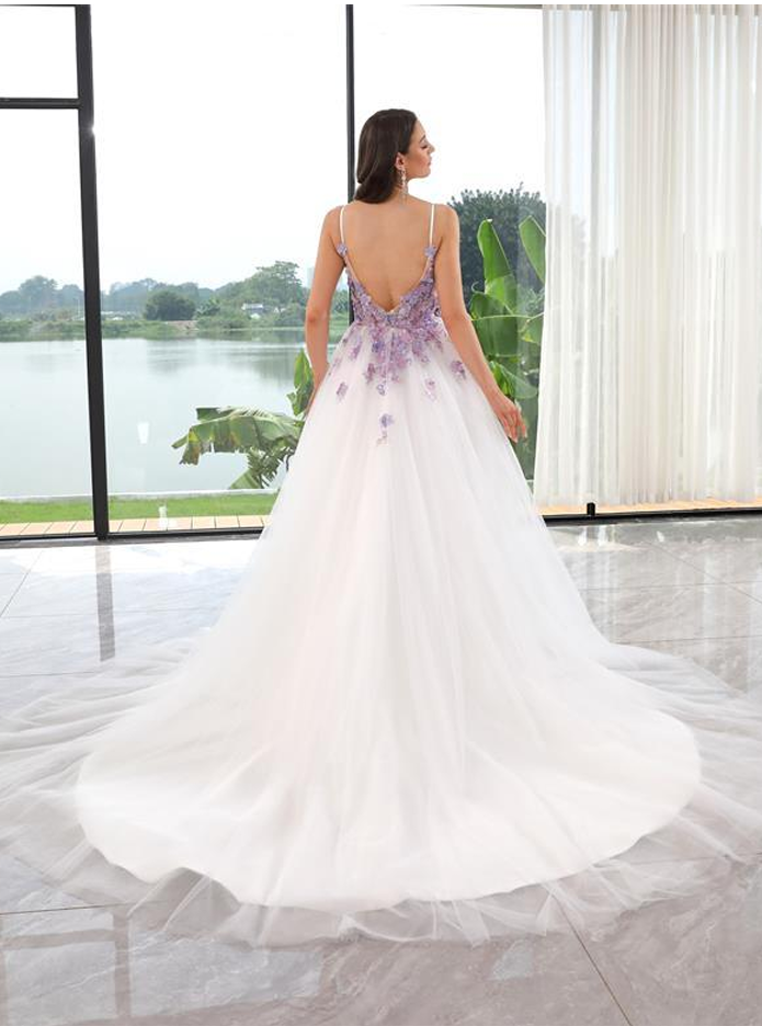 Purple 3D flower lace A-Line