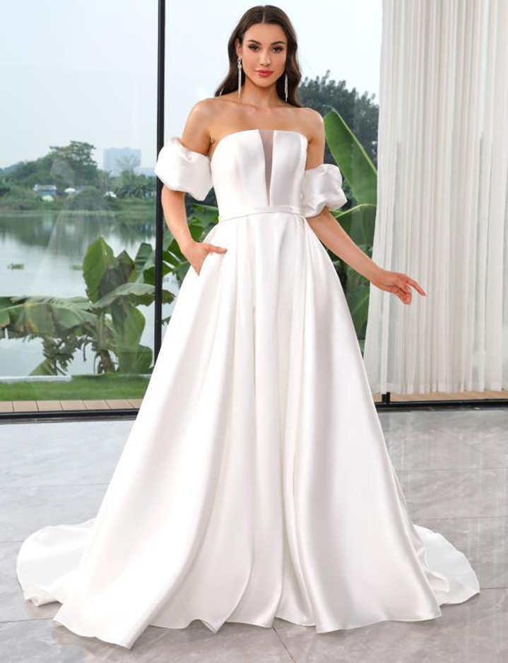 Mikado A-Line Strapless V-Neck Detachable Sleeves