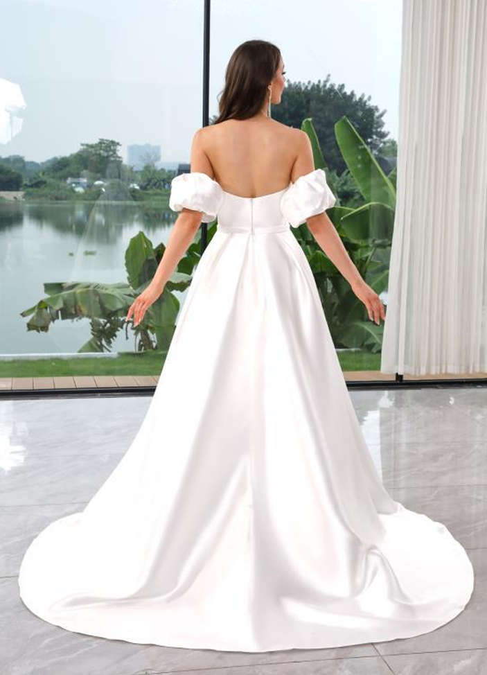 Mikado A-Line Strapless V-Neck Detachable Sleeves
