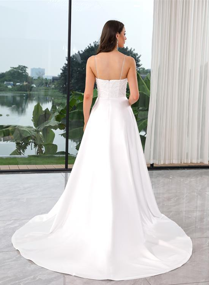 Satin A-Line Spaghetti Aline Pearl Bodice