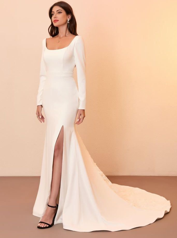 Fit and Flare Crepe Long Sleeves Square Neckline