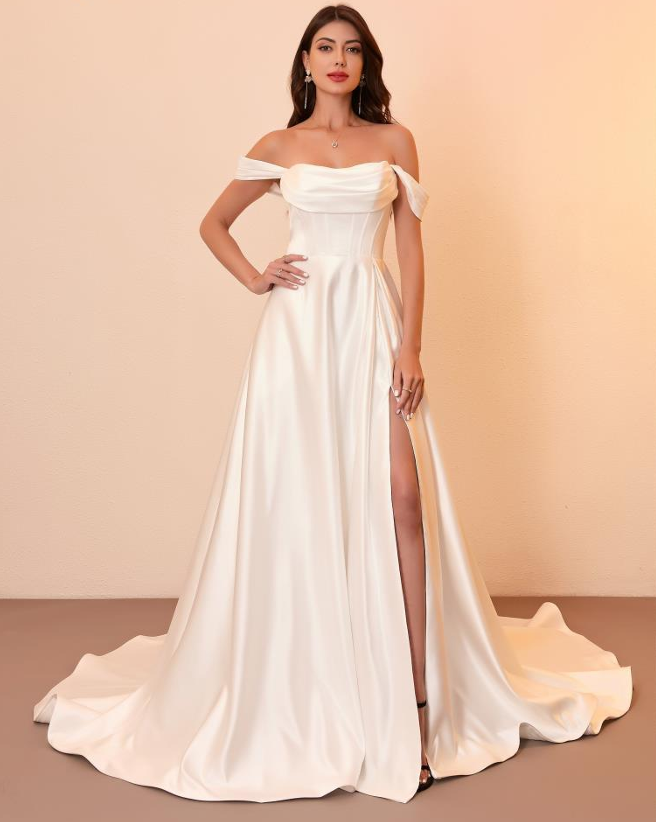 Satin A-Line Detachable Sleeves Leg Split