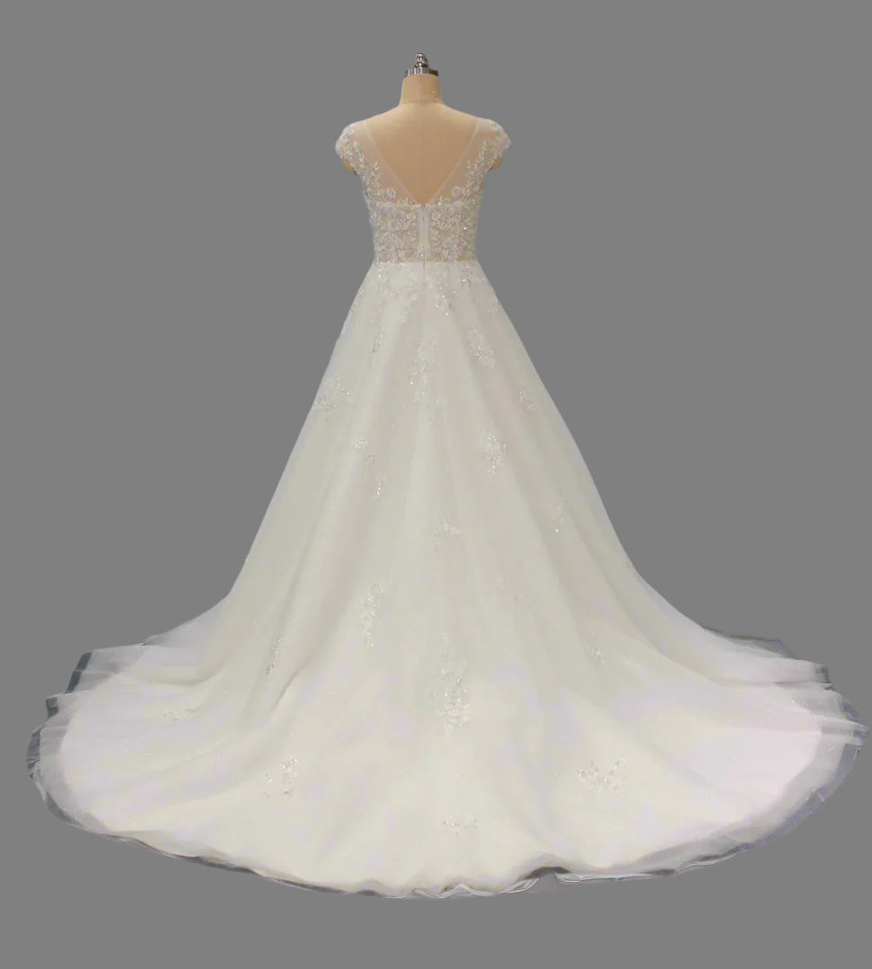 Princess Wedding Dress with Cap Sleeves & Lace Illusion