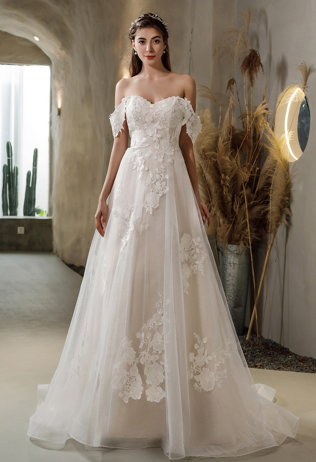 Off-Shoulder Floral Lace A-Line
