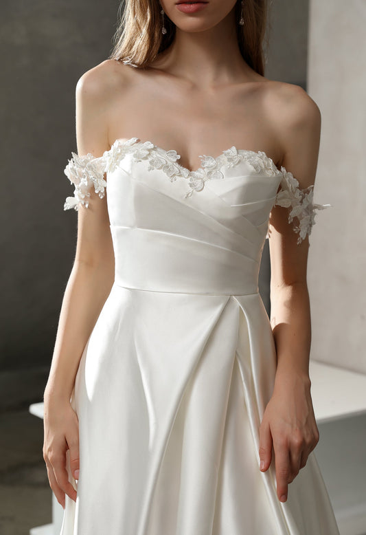 Satin A-Line  Floral Off-Shoulder Wedding Dress
