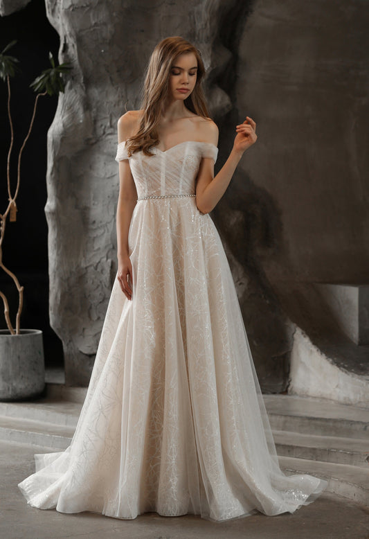 Lucinda 3012: Shimmering Off-the-Shoulder A-line Tulle Wedding Dress