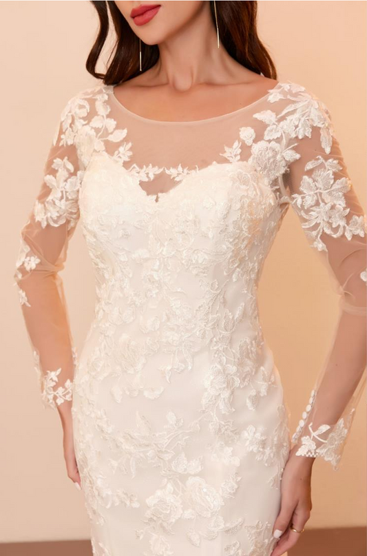 Lace Mermaid with Sleeves and Illusion Back