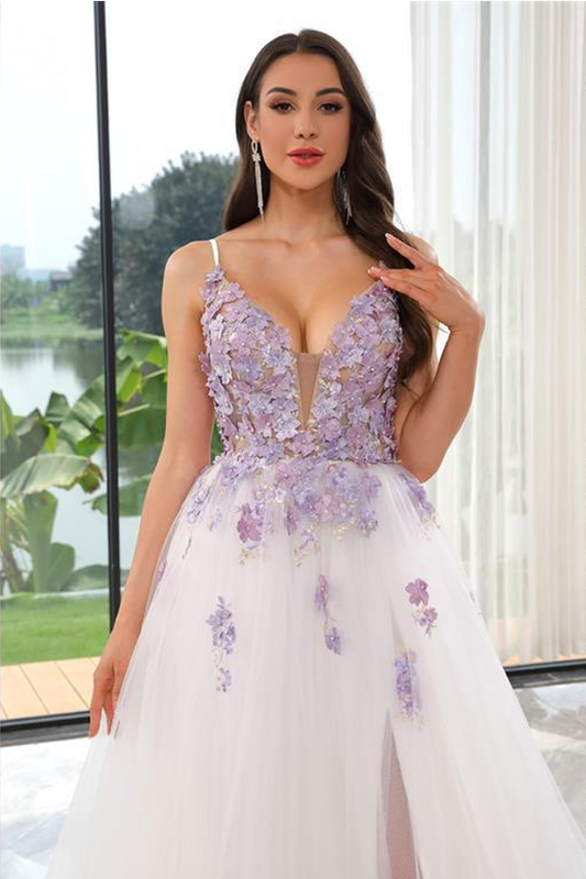 Purple 3D flower lace A-Line