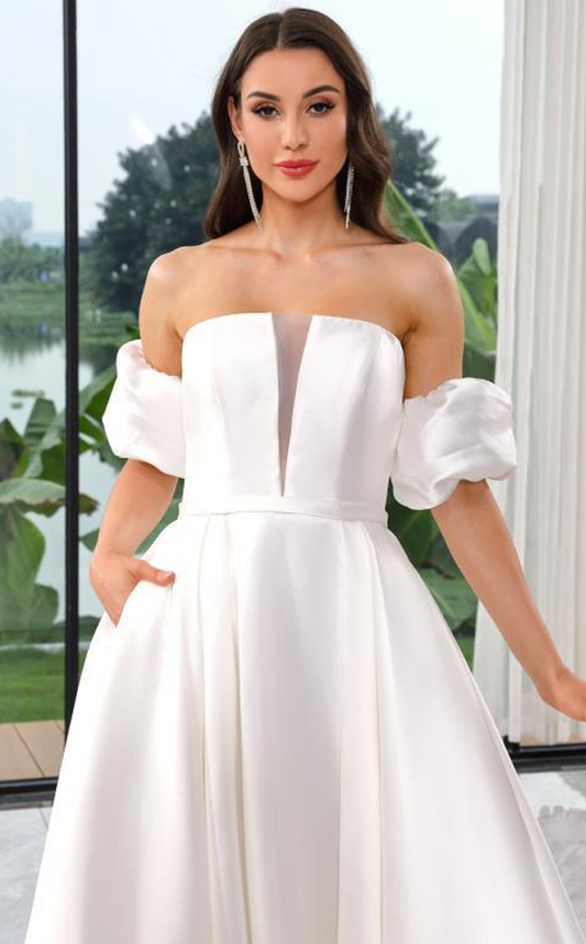 Mikado A-Line Strapless V-Neck Detachable Sleeves