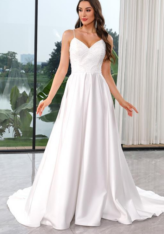 Satin A-Line Spaghetti Aline Pearl Bodice
