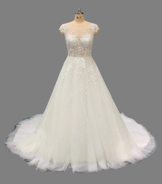 Princess Wedding Dress with Cap Sleeves & Lace Illusion